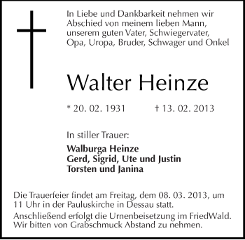 Traueranzeige von Walter Heinze von Mitteldeutsche Zeitung Dessau-Roßlau