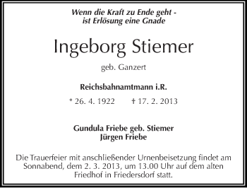 Traueranzeige von Ingeborg Stiemer von Mitteldeutsche Zeitung Bitterfeld