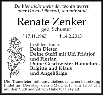 Traueranzeige von Renate Zenker von Mitteldeutsche Zeitung Halle/Saalkreis