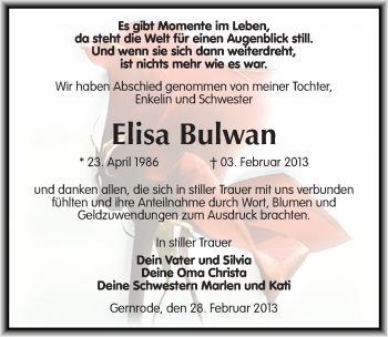 Traueranzeige von Elisa Bulwan von Mitteldeutsche Zeitung Bernburg