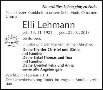 Traueranzeige von Elli Lehmann von Mitteldeutsche Zeitung Wittenberg