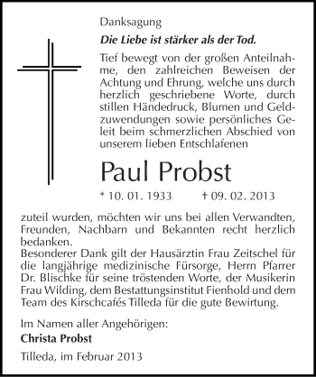 Traueranzeige von Paul Probst von Mitteldeutsche Zeitung Sangerhausen