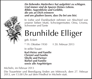Traueranzeige von Brunhilde Elliger von Mitteldeutsche Zeitung Köthen