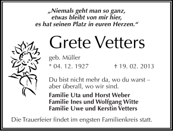 Traueranzeige von Grete Vetters von Mitteldeutsche Zeitung Halle/Saalkreis