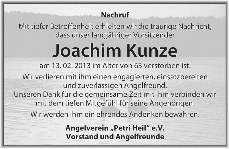  Traueranzeige für Joachim Kunze vom 23.02.2013 aus Mitteldeutsche Zeitung Halle/Saalkreis