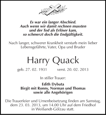 Traueranzeige von Harry Quack von Mitteldeutsche Zeitung Köthen