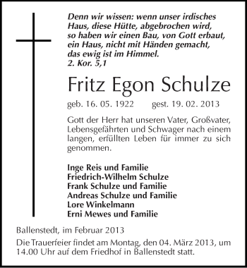 Traueranzeige von Fritz Egon Schulze von Mitteldeutsche Zeitung Quedlinburg