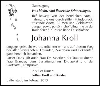 Traueranzeige von Johanna Kroll von Mitteldeutsche Zeitung Quedlinburg