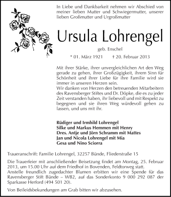 Traueranzeige von Ursula Lohrengel von Mitteldeutsche Zeitung Aschersleben