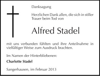 Traueranzeige von Alfred Stadel von Mitteldeutsche Zeitung Sangerhausen