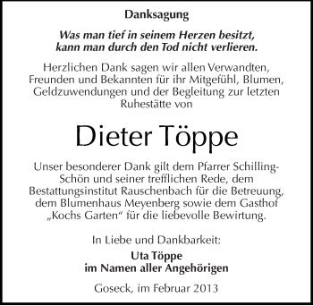 Traueranzeige von Dieter Töppe von Mitteldeutsche Zeitung Weißenfels