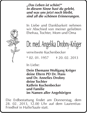 Traueranzeige von Angelika Drobny-Kröger von Mitteldeutsche Zeitung Halle/Saalkreis