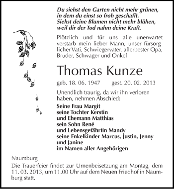 Traueranzeige von Thomas Kunze von Mitteldeutsche Zeitung Naumburg/Nebra