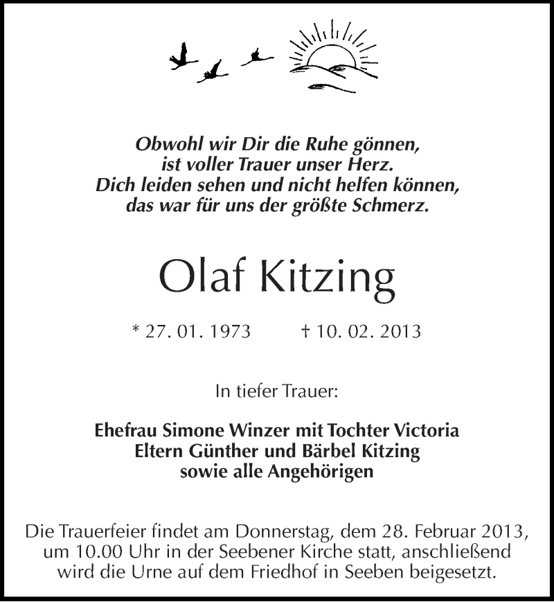 Traueranzeige für Olaf Kitzing vom 23.02.2013 aus Mitteldeutsche Zeitung Halle/Saalkreis