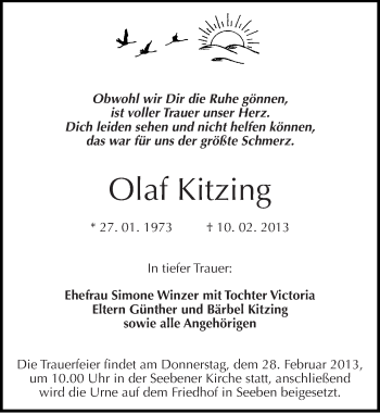 Traueranzeige von Olaf Kitzing von Mitteldeutsche Zeitung Halle/Saalkreis