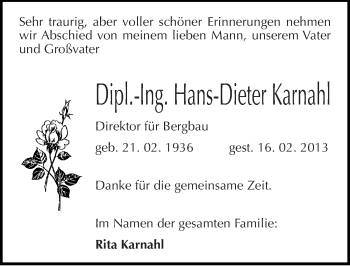 Traueranzeige von Hans-Dieter Karnahl von Mitteldeutsche Zeitung Mansfelder Land