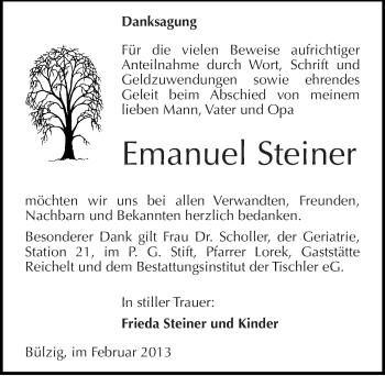 Traueranzeige von Emanuel Steiner von Mitteldeutsche Zeitung Wittenberg