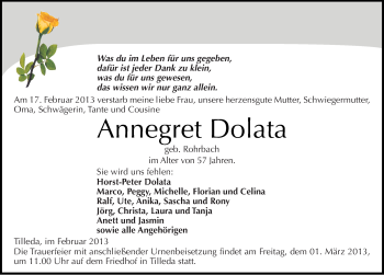 Traueranzeige von Annegret Dolata von Mitteldeutsche Zeitung Sangerhausen