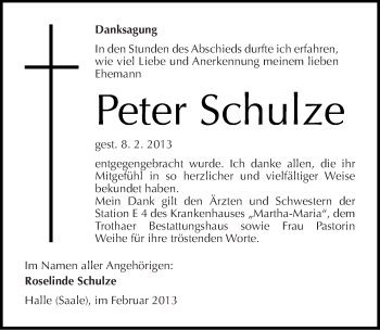 Traueranzeige von Peter Schulze von Mitteldeutsche Zeitung Aschersleben