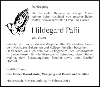 Traueranzeige von Hildegard Palfi von Mitteldeutsche Zeitung Sangerhausen
