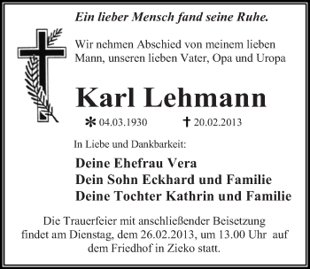 Traueranzeige von Karl Lehmann von Mitteldeutsche Zeitung Wittenberg