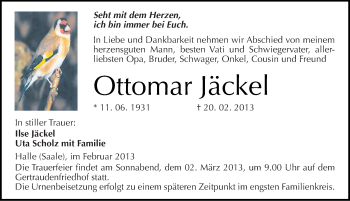 Traueranzeige von Ottomar Jäckel von Mitteldeutsche Zeitung Halle/Saalkreis