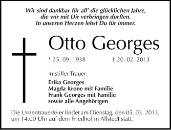 Traueranzeige von Otto Georges von Mitteldeutsche Zeitung Sangerhausen
