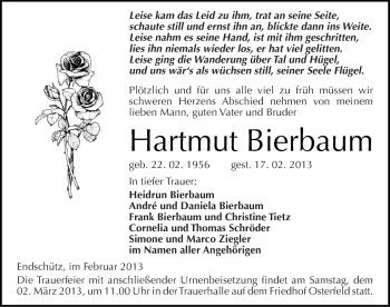Traueranzeige von Hartmut Bierbaum von Mitteldeutsche Zeitung Naumburg/Nebra