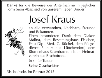 Traueranzeige von Josef Kraus von Mitteldeutsche Zeitung Mansfelder Land