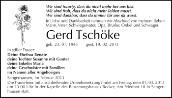 Traueranzeige von Gerd Tschöke von Mitteldeutsche Zeitung Sangerhausen