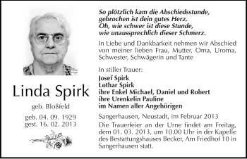 Traueranzeige von Linda Spirk von Mitteldeutsche Zeitung Sangerhausen