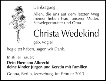Traueranzeige von Christa Wedekind von Mitteldeutsche Zeitung Sangerhausen