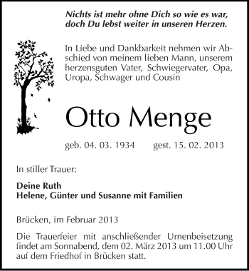 Traueranzeige von Otto Menge von Mitteldeutsche Zeitung Sangerhausen