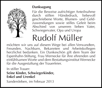 Traueranzeige von Rudolf Müller von Mitteldeutsche Zeitung Mansfelder Land