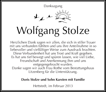 Traueranzeige von Wolfgang Stolze von Mitteldeutsche Zeitung Mansfelder Land