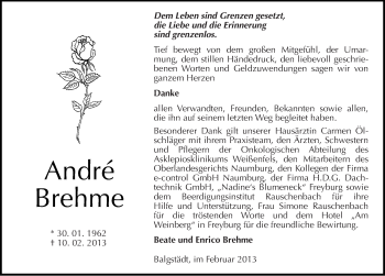 Traueranzeige von André Brehme von Mitteldeutsche Zeitung Naumburg/Nebra
