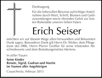 Traueranzeige von Erich Seiser von Mitteldeutsche Zeitung Naumburg/Nebra