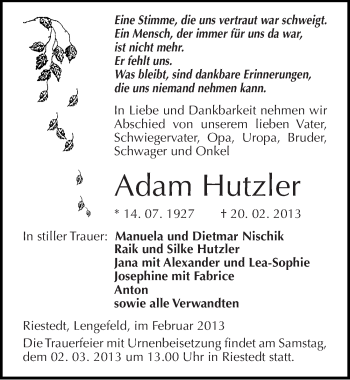 Traueranzeige von Adam Hutzler von Mitteldeutsche Zeitung Sangerhausen
