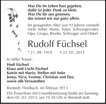 Traueranzeige von Rudolf Füchsel von Mitteldeutsche Zeitung Sangerhausen