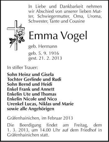 Traueranzeige von Emma Vogel von Mitteldeutsche Zeitung Wittenberg