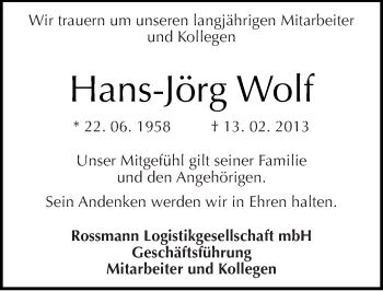Traueranzeige von Hans-Jörg Wolf von Mitteldeutsche Zeitung Halle/Saalkreis