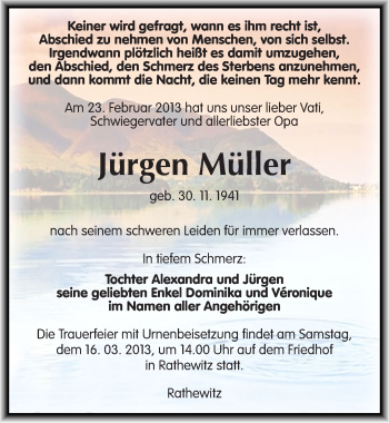 Traueranzeige von Jürgen Müller von Mitteldeutsche Zeitung Naumburg/Nebra
