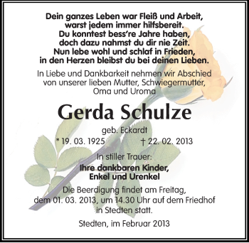 Traueranzeige von Gerda Schulze von Mitteldeutsche Zeitung Mansfelder Land