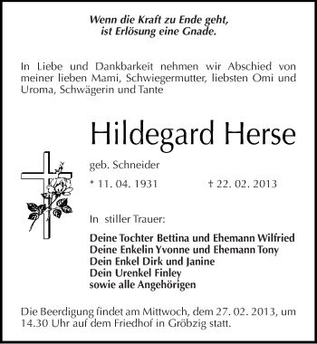 Traueranzeige von Hildegard Herse von Mitteldeutsche Zeitung Köthen