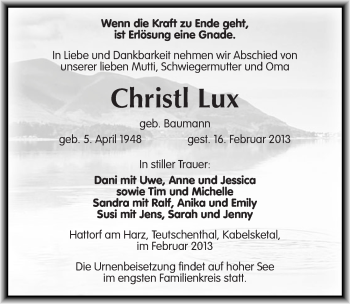 Traueranzeige von Christl Lux von Mitteldeutsche Zeitung Halle/Saalkreis