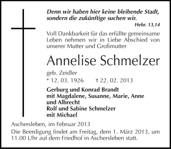 Traueranzeige von Annelise Schmelzer von Mitteldeutsche Zeitung Aschersleben