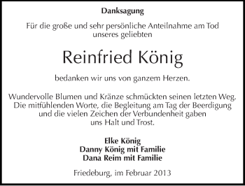 Traueranzeige von Reinfried König von Mitteldeutsche Zeitung Mansfelder Land