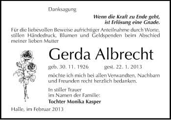 Traueranzeige von Gerda Albrecht von Mitteldeutsche Zeitung Halle/Saalkreis