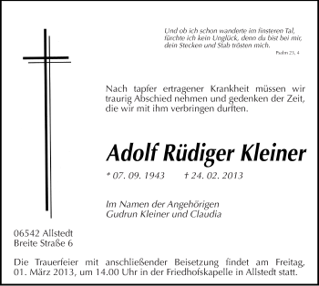 Traueranzeige von Adolf Rüdiger Kleiner von Mitteldeutsche Zeitung Sangerhausen