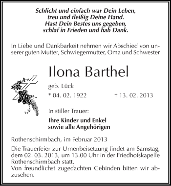 Traueranzeige von Ilona Barthel von Mitteldeutsche Zeitung Mansfelder Land